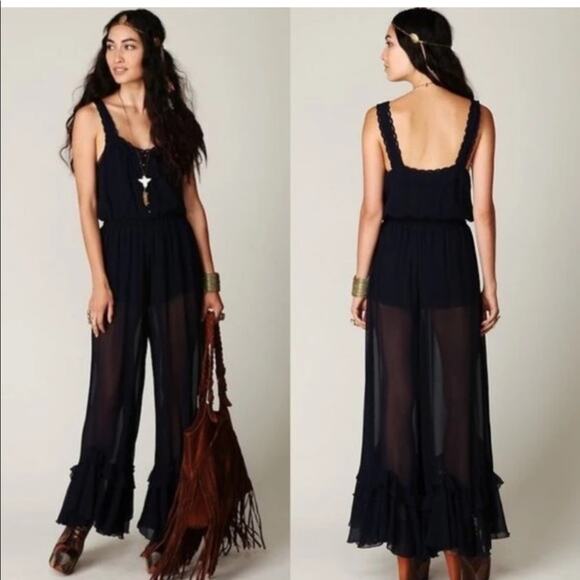NEW FREE PEOPLE FP Blue Bells & Ruffles Tank Top Sheer Jumpsuit Flares Shorts XS - Picture 13 of 15
